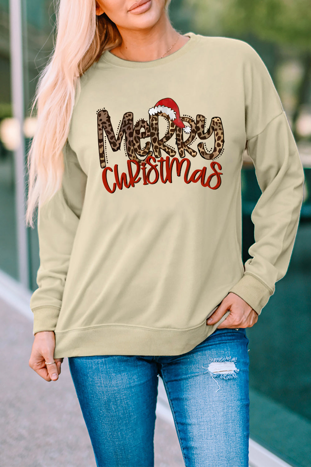 Merry Christmas Hat Leopard Print Graphic Sweatshirt