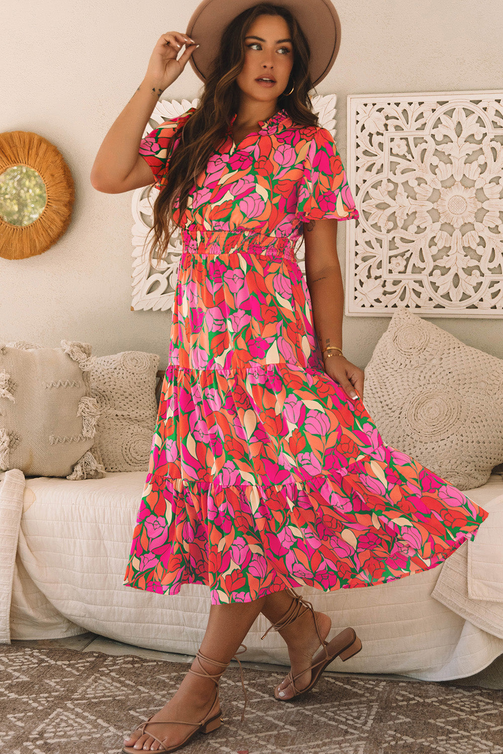 Pink Floral Short Sleeve Smocked Waist Maxi Dress