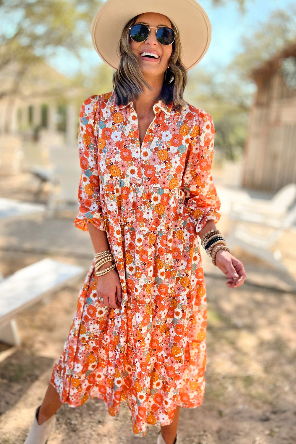 Yellow Boho Floral Collared Long Sleeve Ruffled Dress