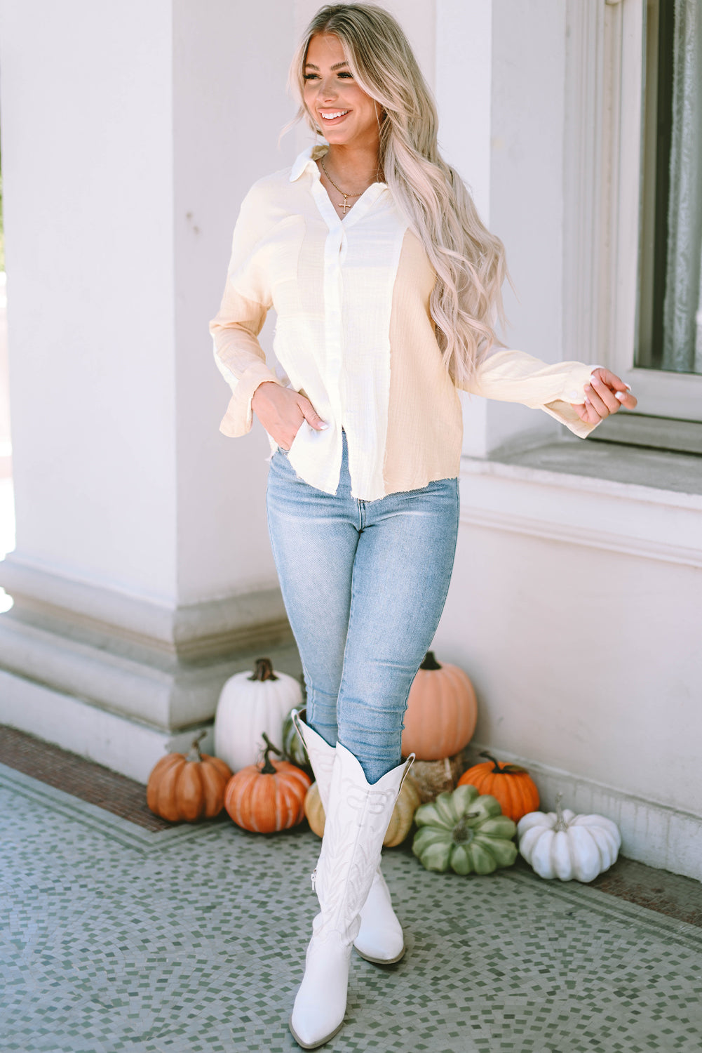 Rose Color Block Buttoned Raw Hem Textured Shirt