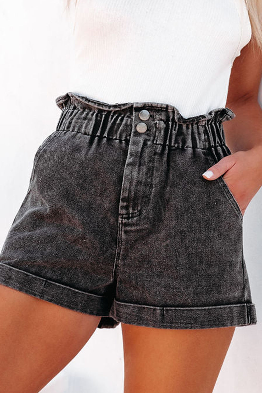 Dusty Pink Vintage Washed Frilled High Waist Denim Shorts