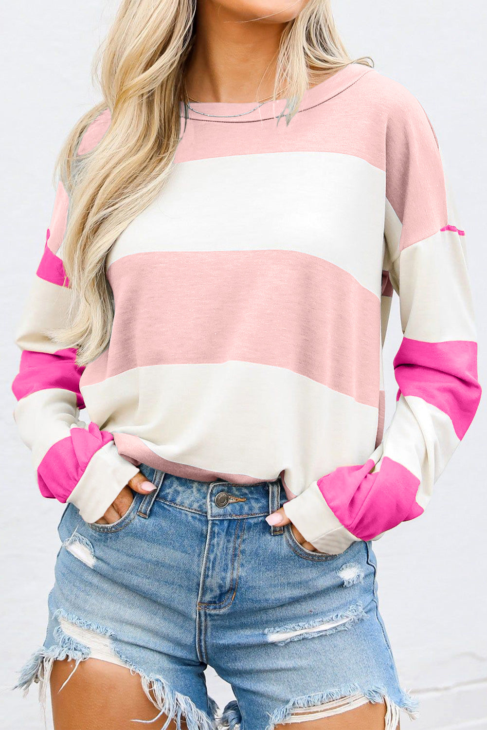 Colorblock Striped Drop Shoulder Long Sleeve Top