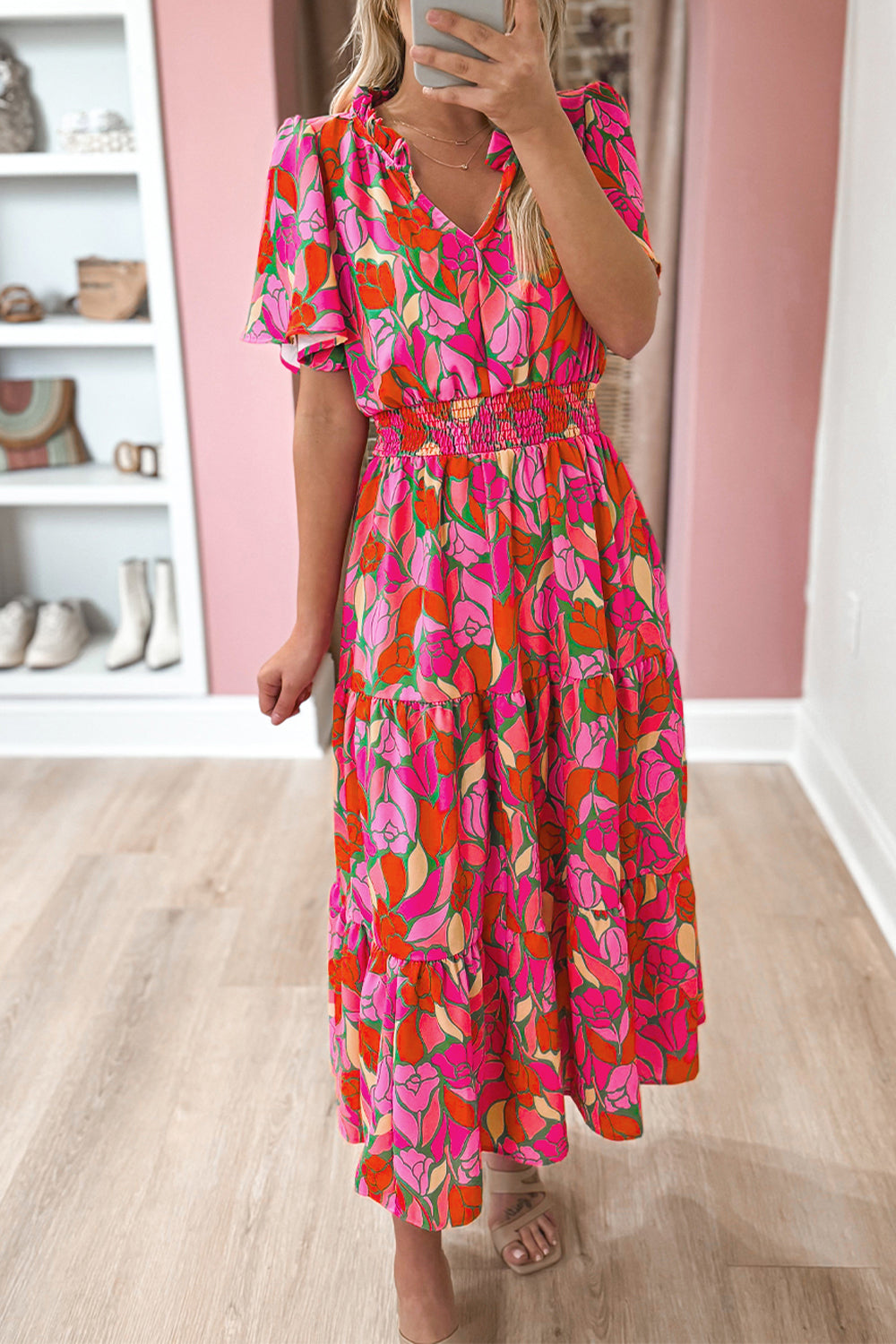 Pink Floral Short Sleeve Smocked Waist Maxi Dress