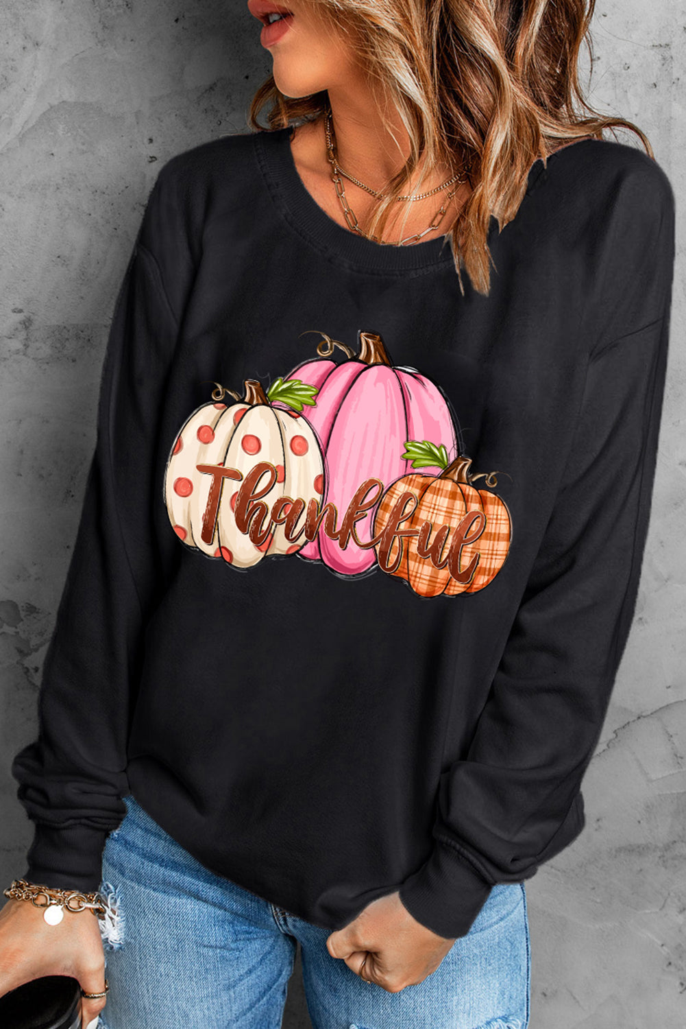 Pumpkin Thankful Drop Shoulder Thanksgiving Pullover Sweatshirt