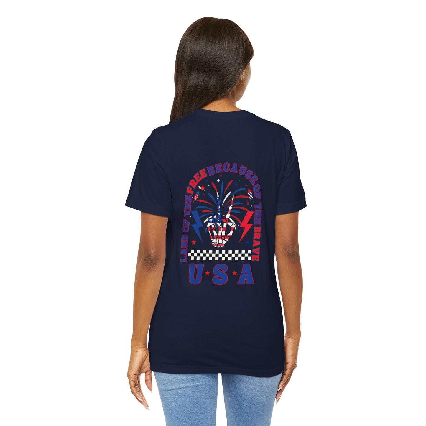 Patriotic Skeleton Peace Hand (Front & Back) Unisex Jersey Short Sleeve Tee