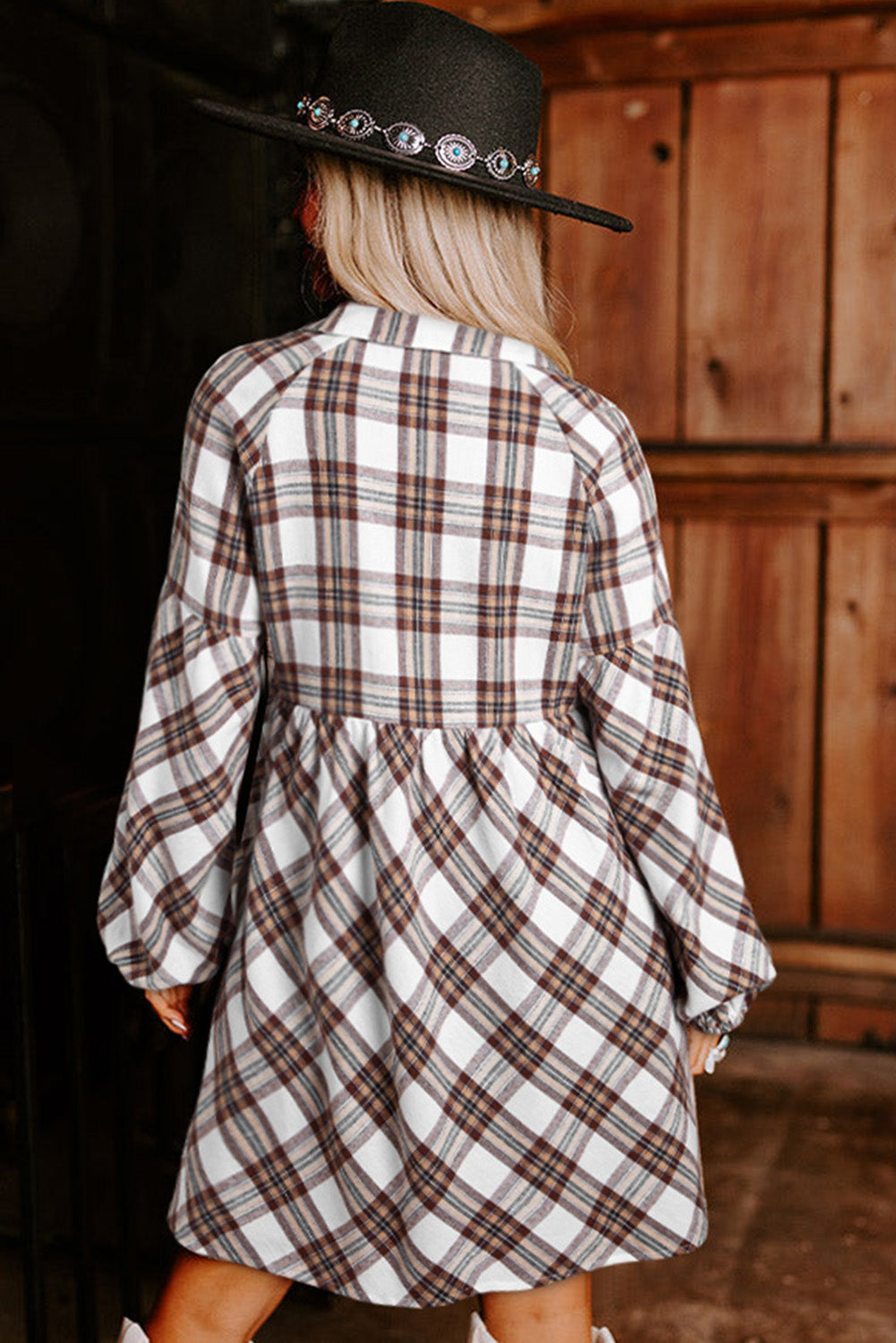 Plaid Bubble Sleeve Flowy Shirt Dress