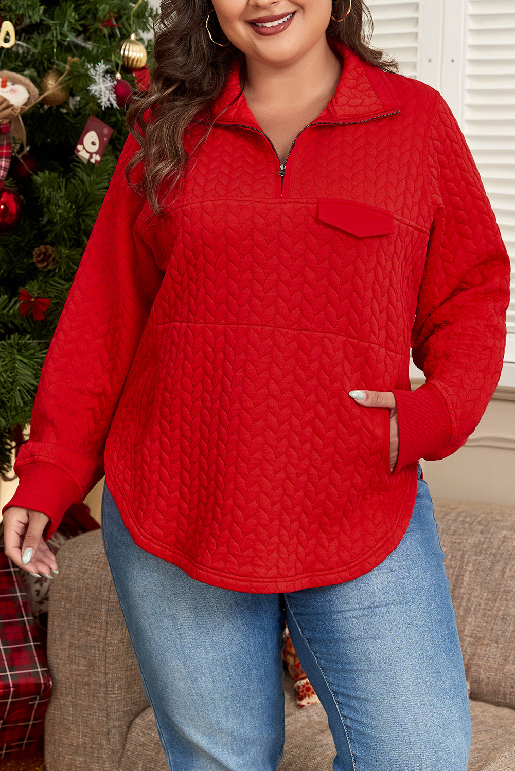 Cable Textured Quarter Zip Pocketed Plus Size Pullover