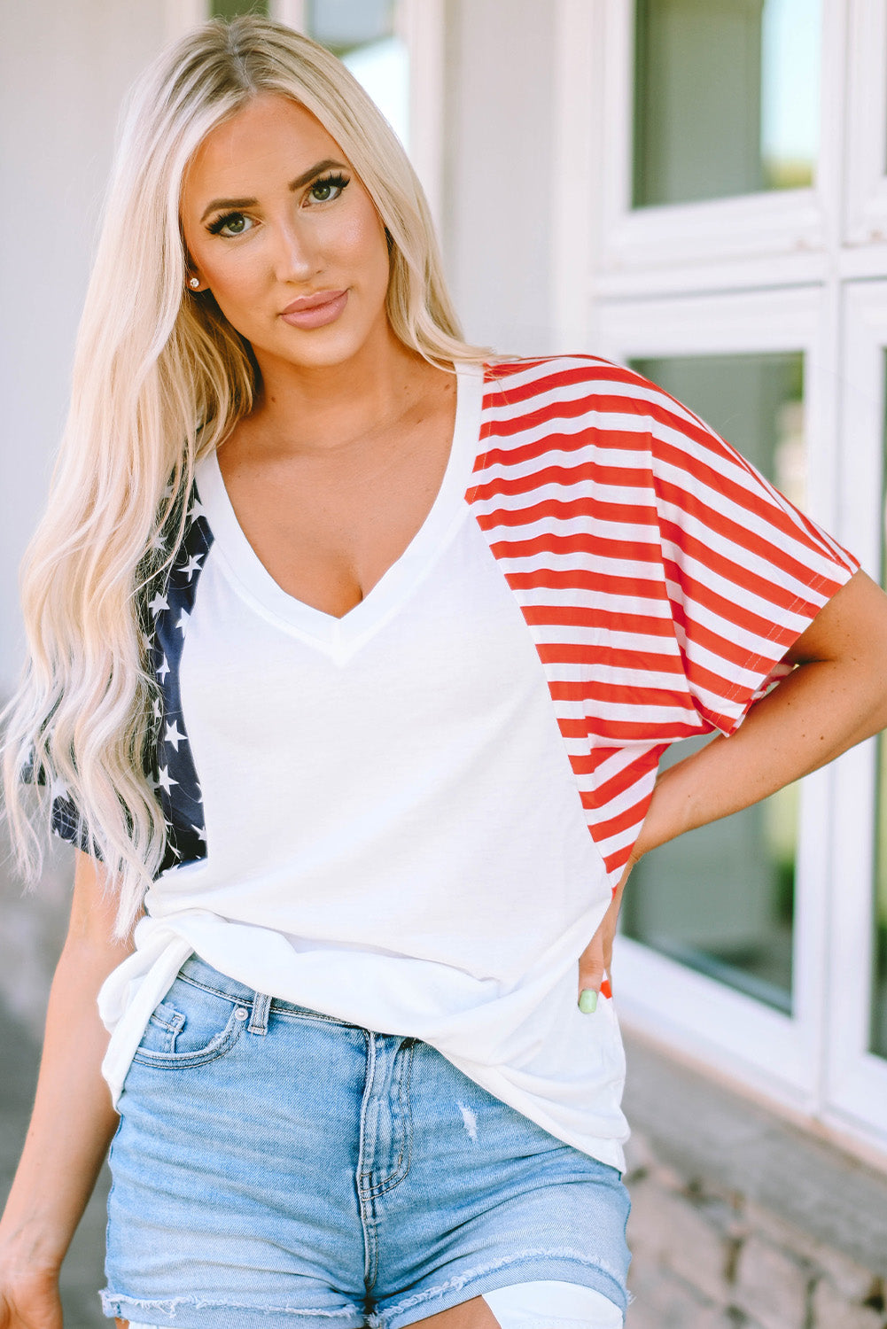 USA Stars and Stripes V Neck Tee