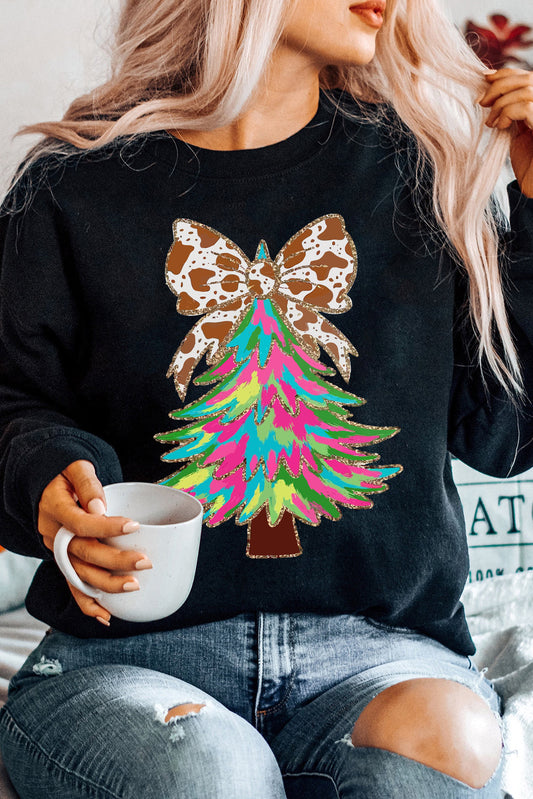 Bowknot Christmas Tree Shiny Graphic Sweatshirt