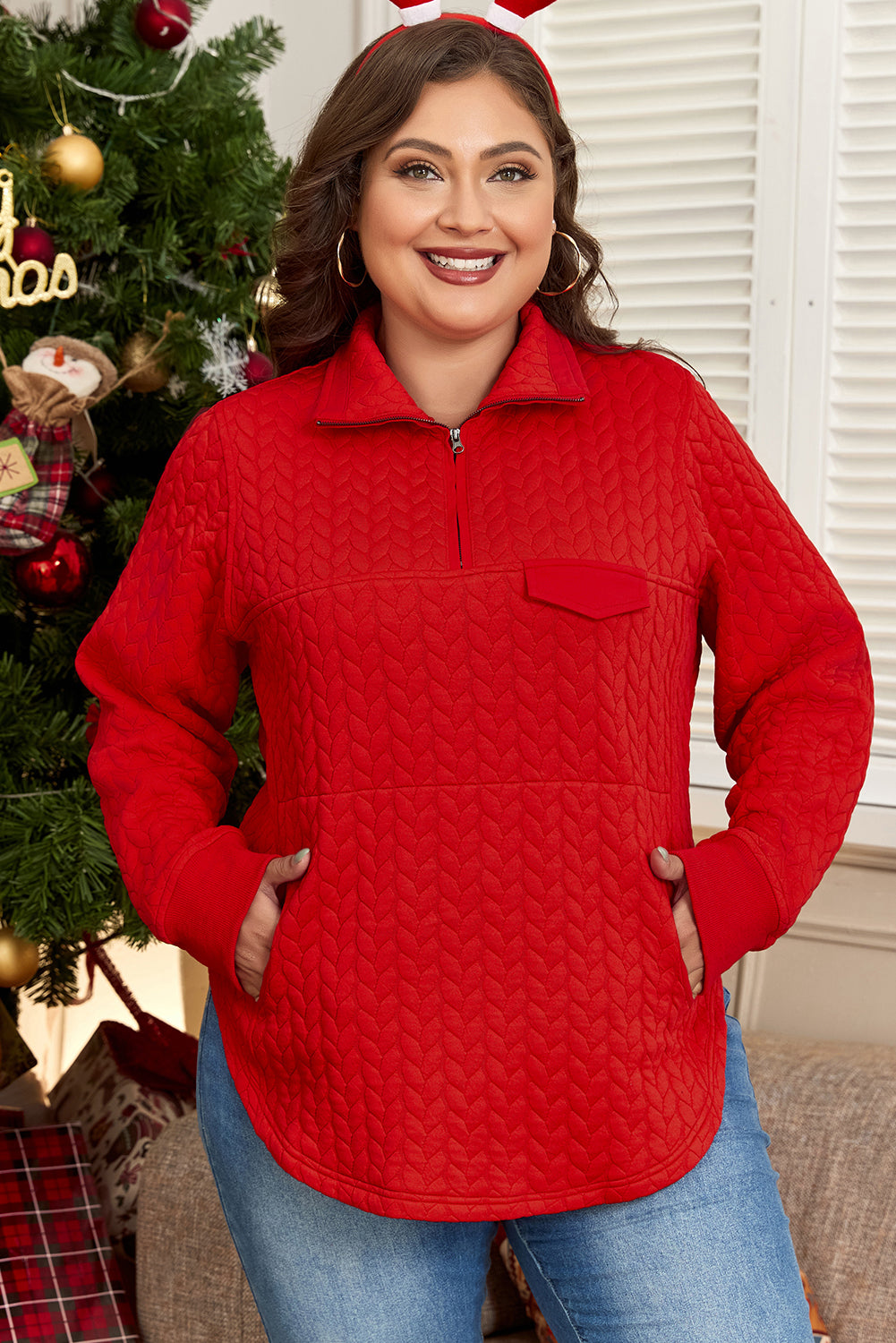 Cable Textured Quarter Zip Pocketed Plus Size Pullover