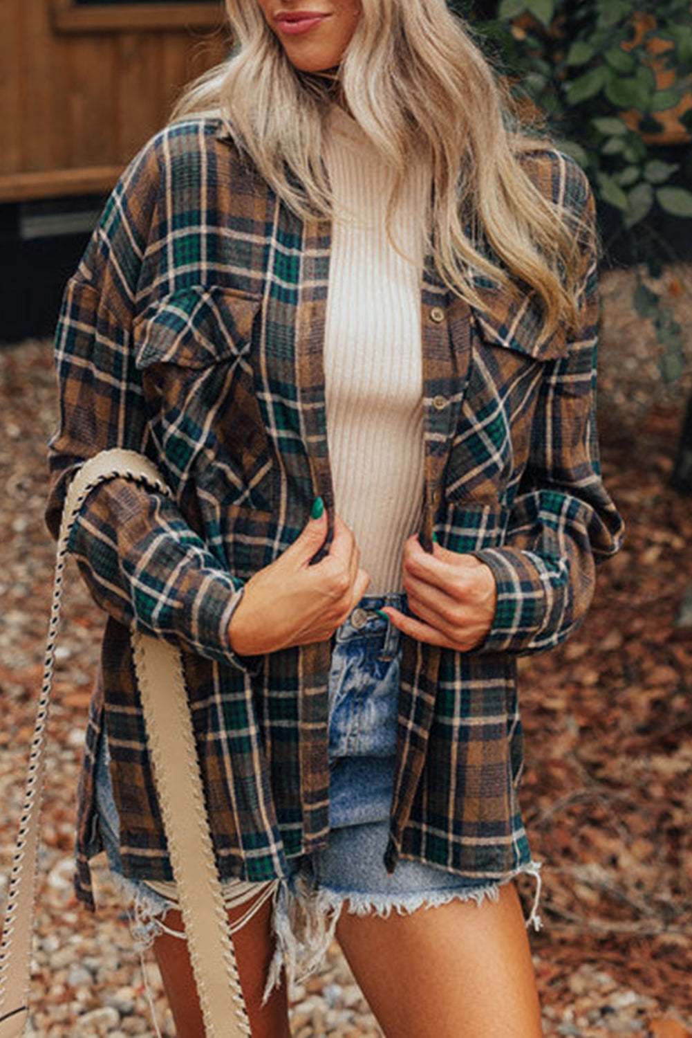 Plaid Print Chest Pockets Buttoned Shirt Jacket