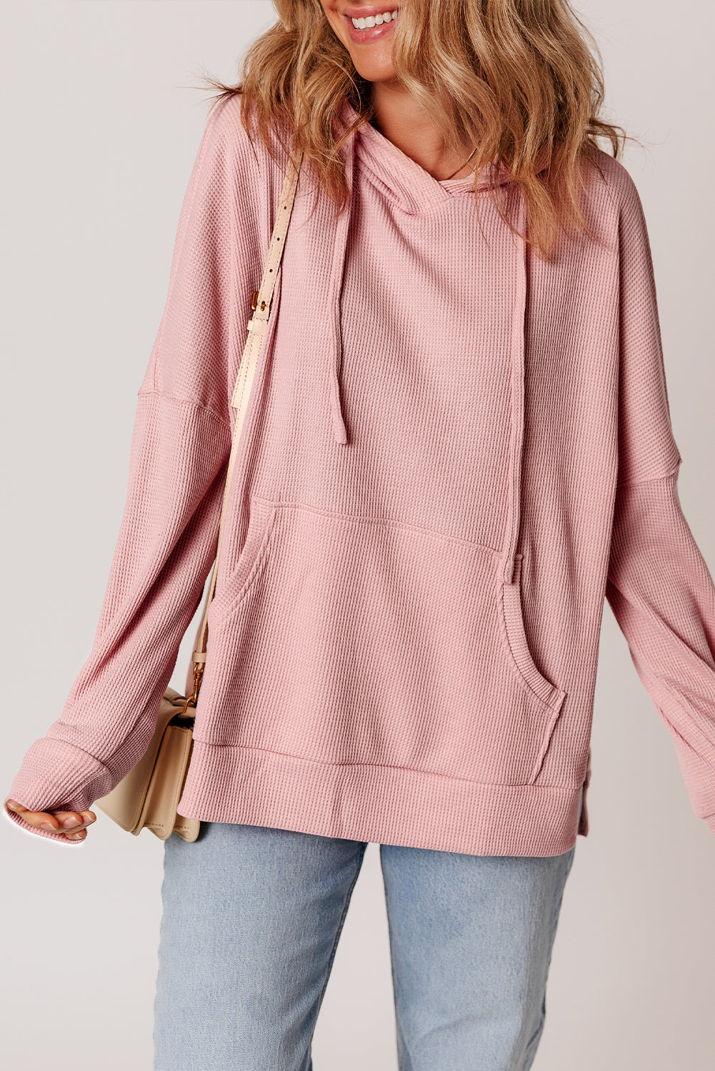 Light Pink Waffle Knit Fleece Lined High Low Oversized Hoodie