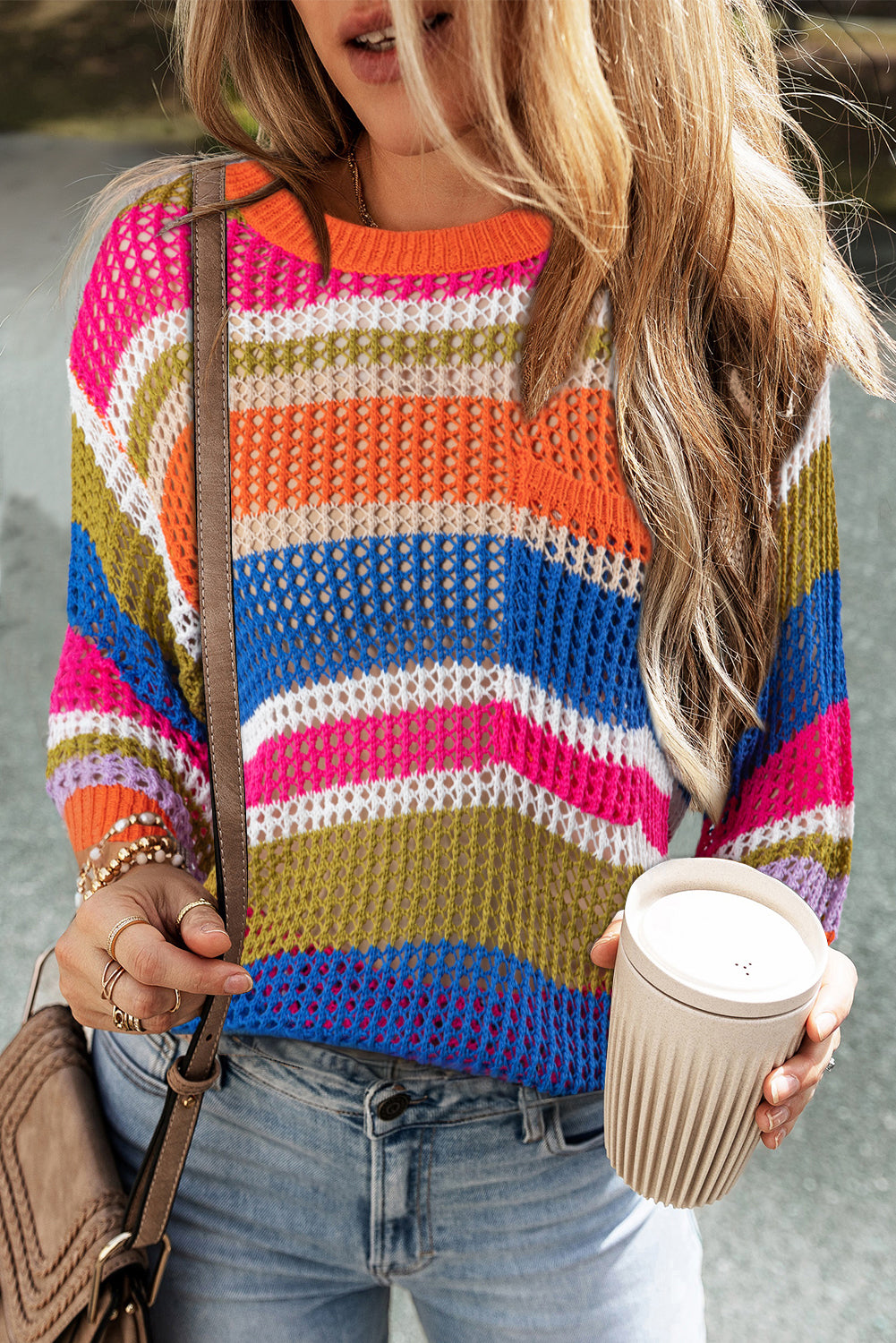 Striped Colorblock Hollowed Crochet 3/4 Sleeve Sweater