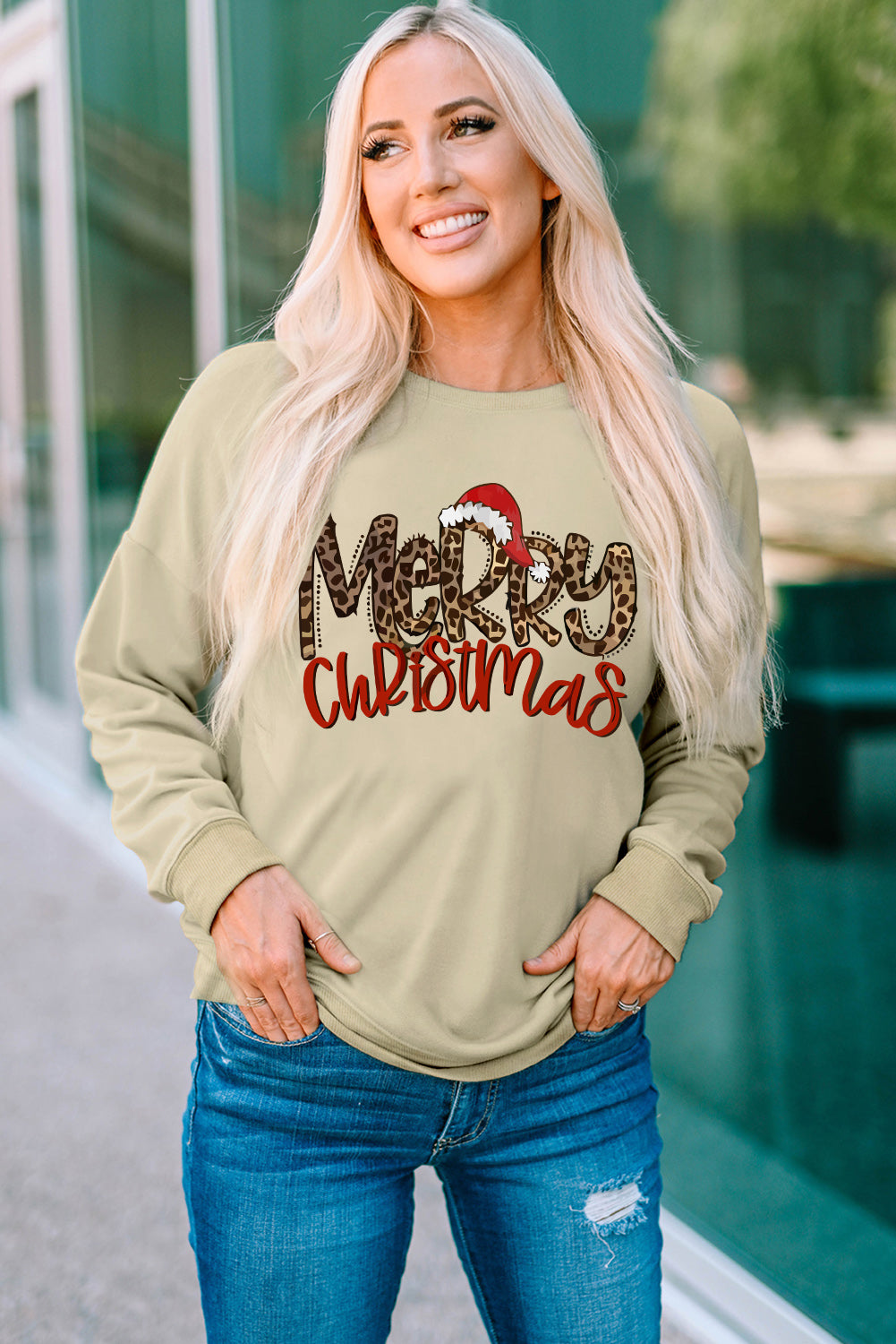 Merry Christmas Hat Leopard Print Graphic Sweatshirt