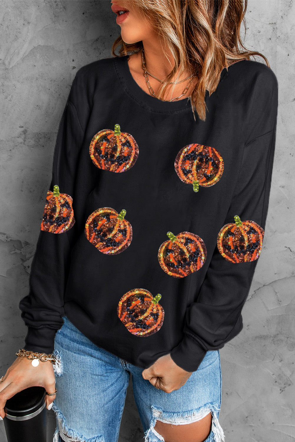 Black Sequin Halloween Pumpkin Graphic Pullover Sweatshirt