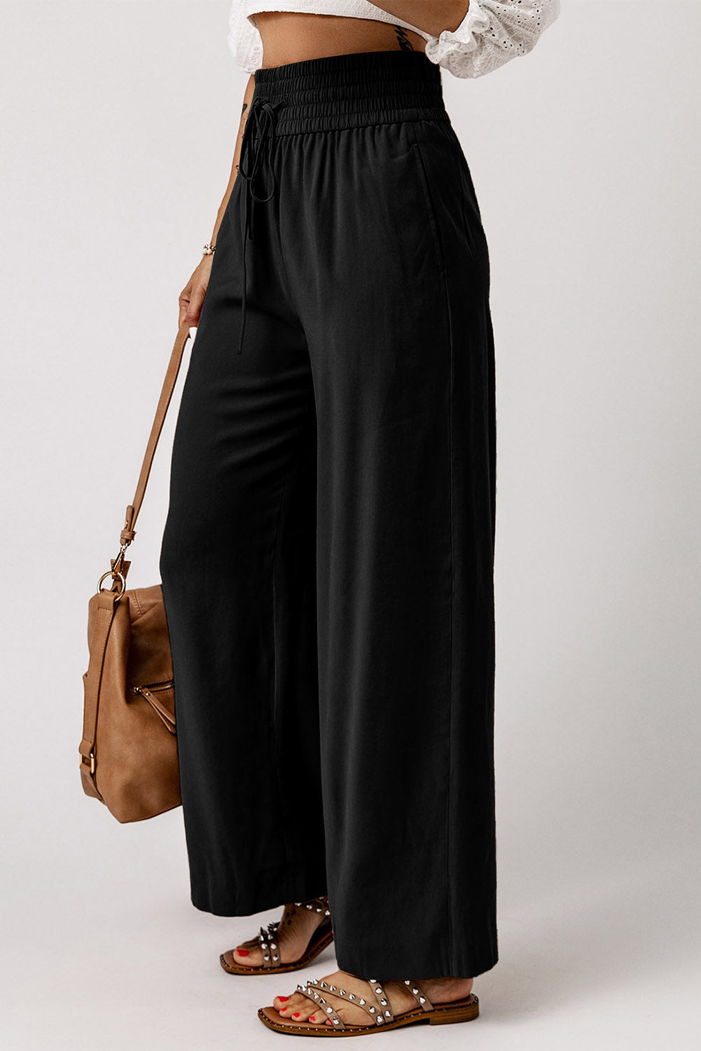 Green Brown Drawstring Elastic Waist Casual Wide Leg Pants