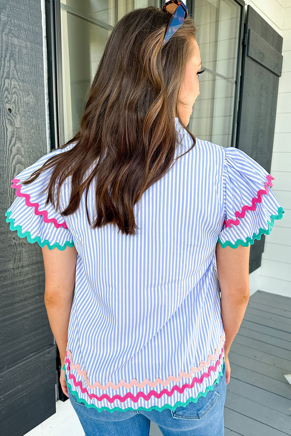 Pink Stripe Ricrac Trim Split Neck Striped Ruffled Sleeve Blouse