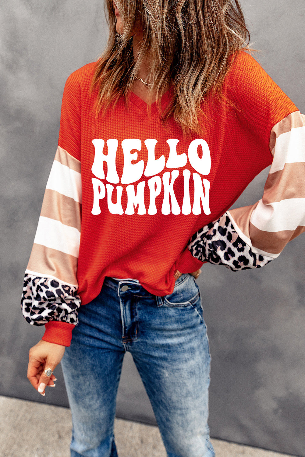 Pumpkin Graphic Leopard Striped Colorblock Sleeve V Neck Top