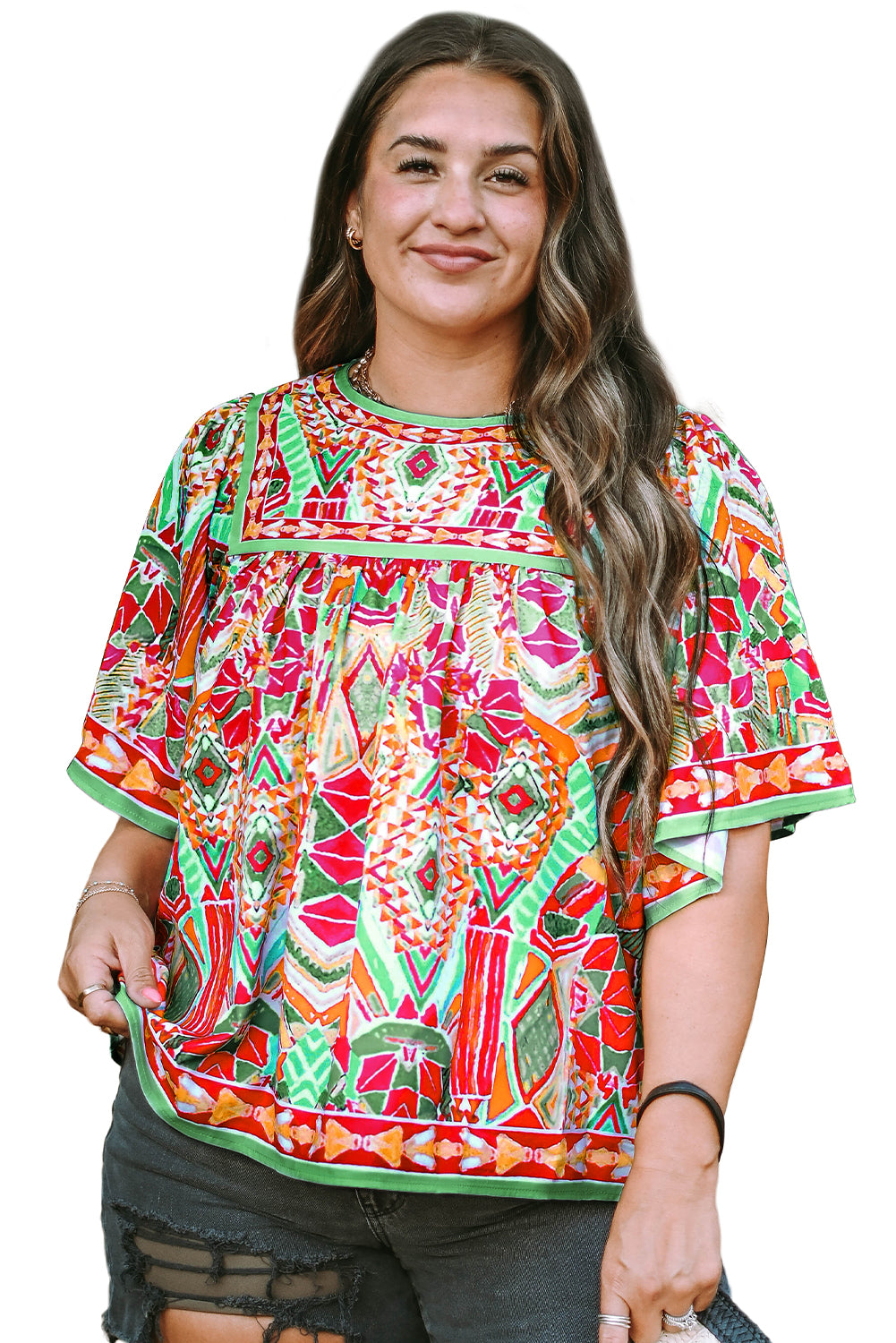 Cute Fashion Printed Wide Sleeve Plus Size Blouse