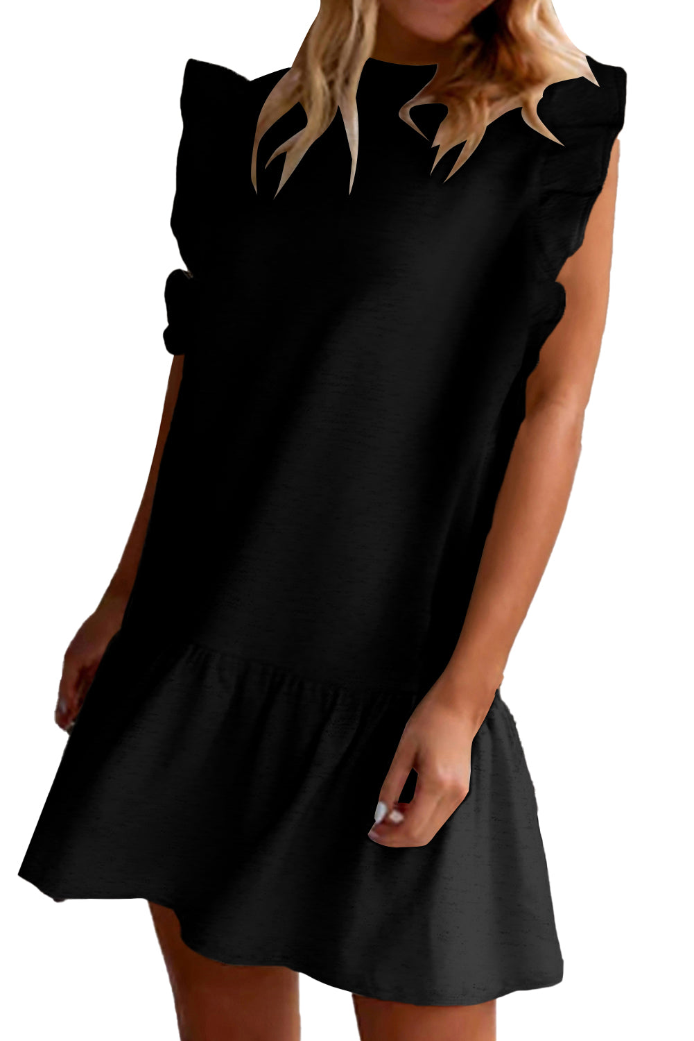 White Flutter Sleeve Crew Neck Shift Dress