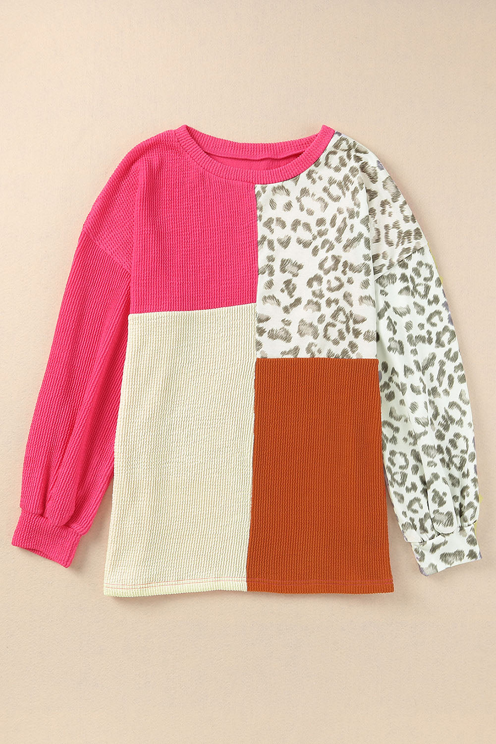 Leopard Patchwork Color Block Ribbed Long Sleeve Top