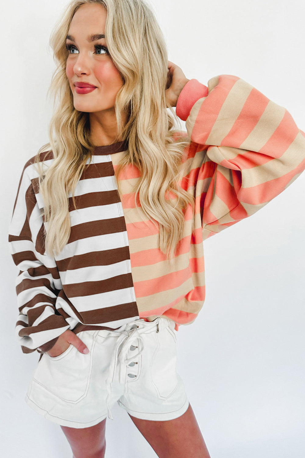 Stripe Color Block Drop Shoulder Pullover Sweatshirt