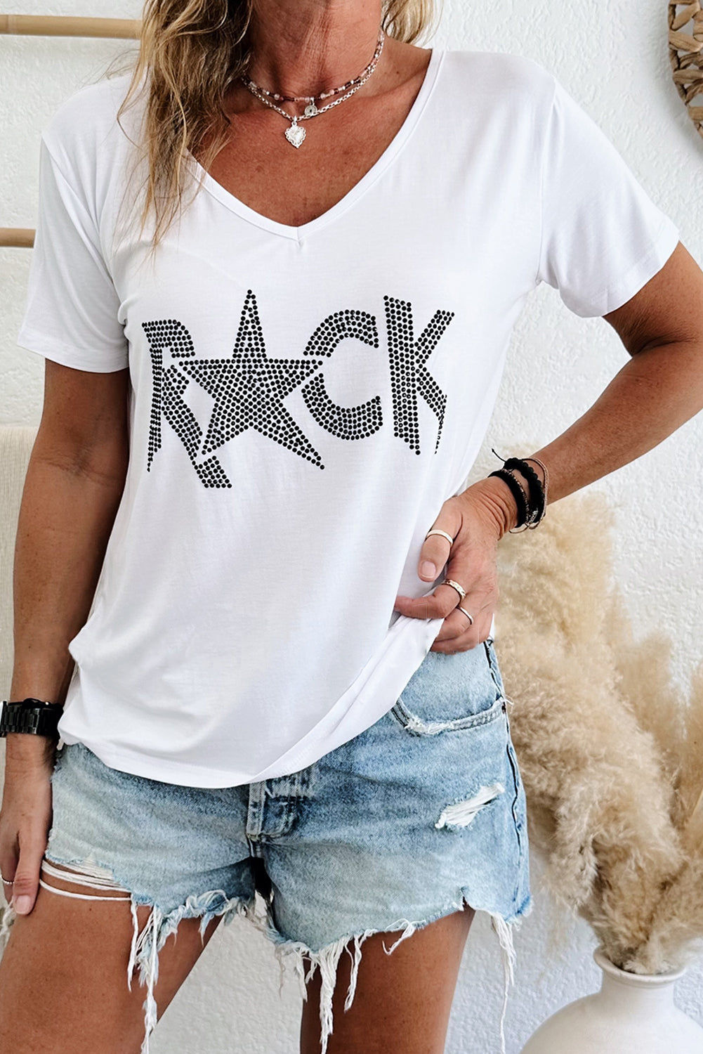 White Rhinestoned ROCK Star Graphic V Neck T Shirt