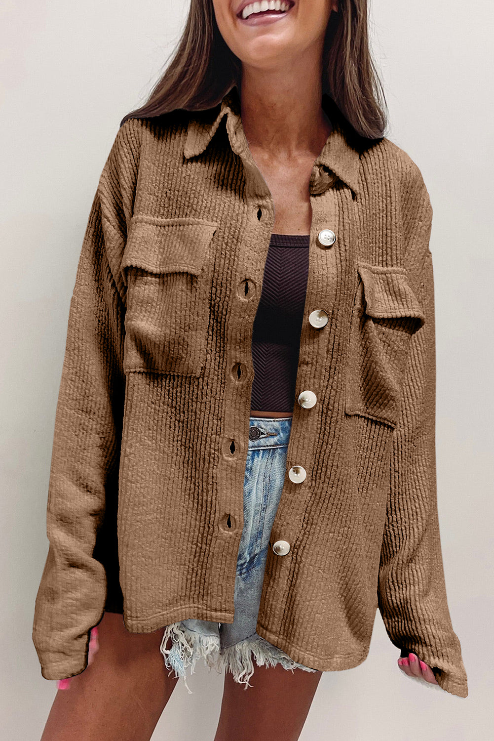 Solid Color Corduroy Buttoned Long Sleeve Shacket