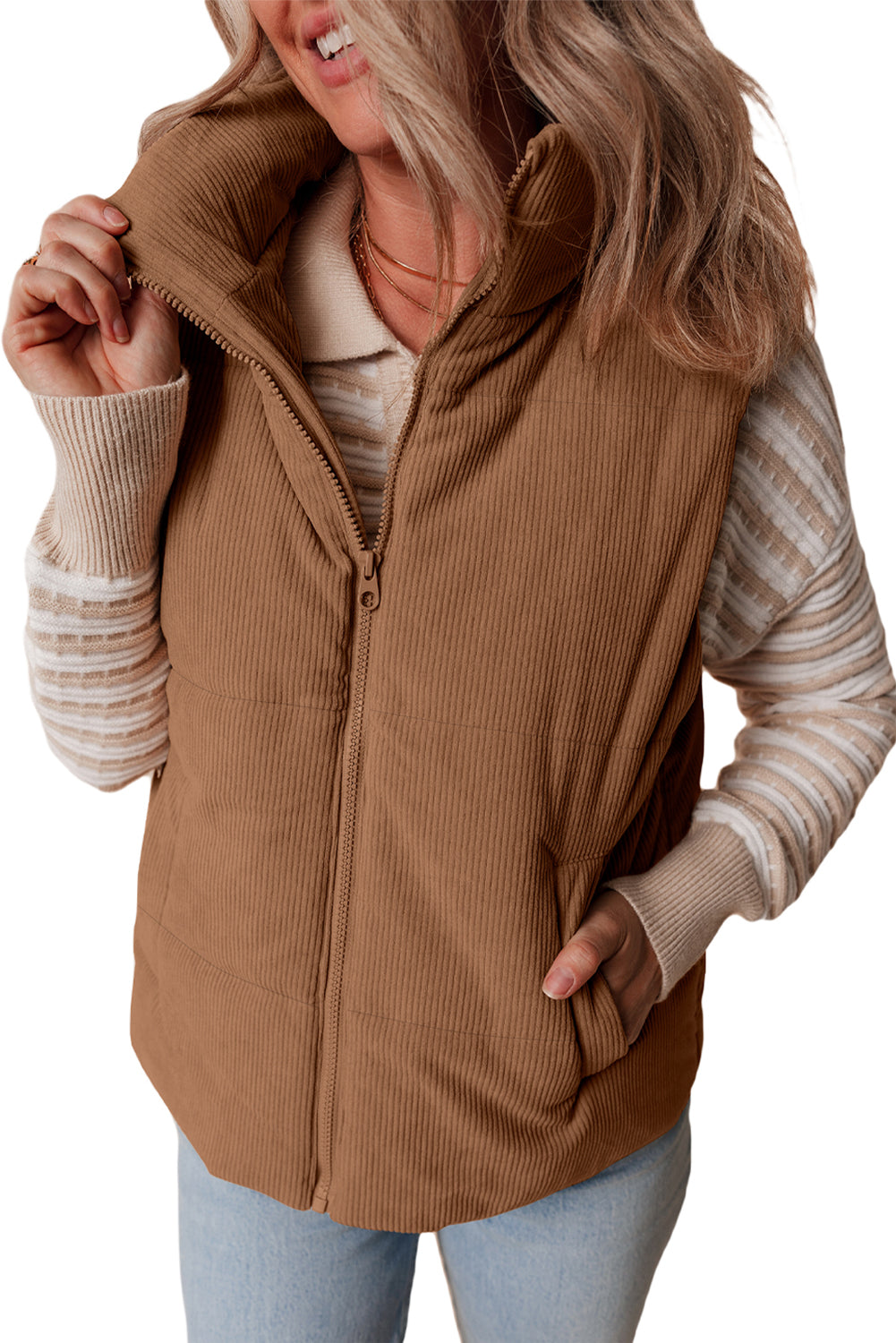 Corduroy Stand Neck Zipped Puffer Vest