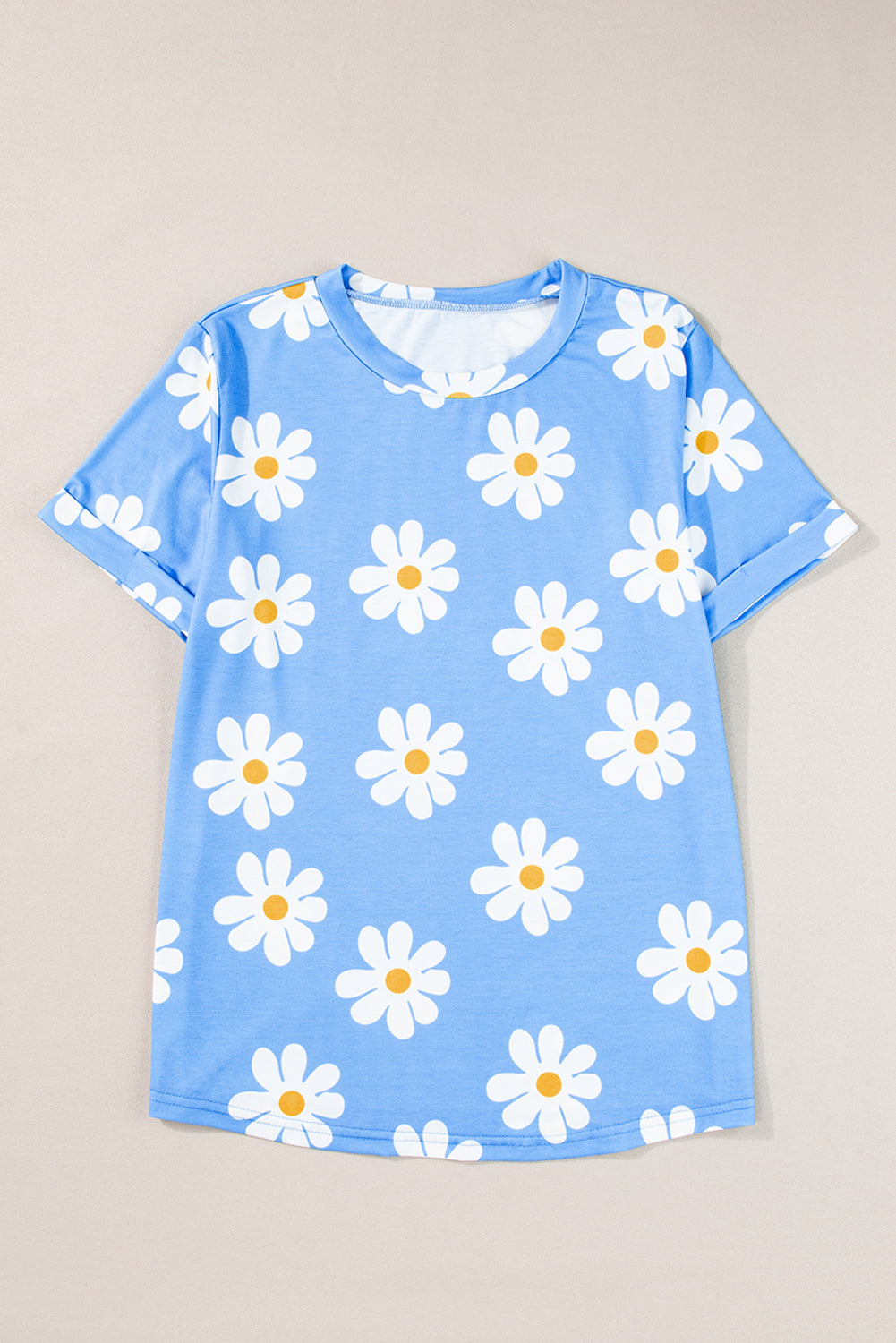 Sky Blue Daisy Printed Crewneck T Shirt