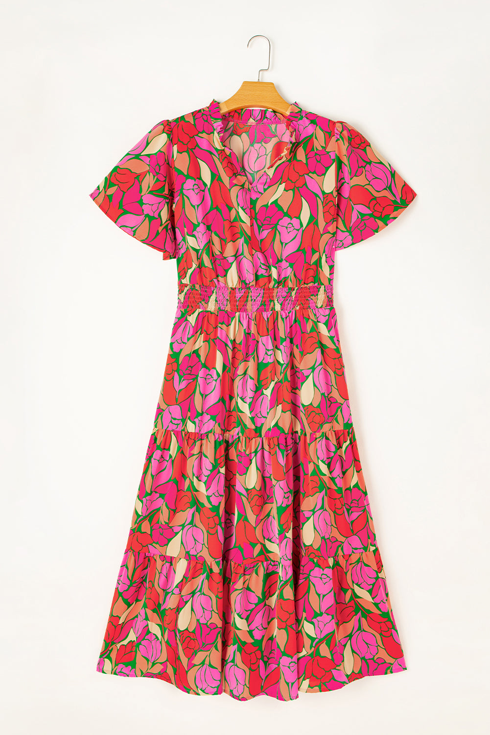 Pink Floral Short Sleeve Smocked Waist Maxi Dress