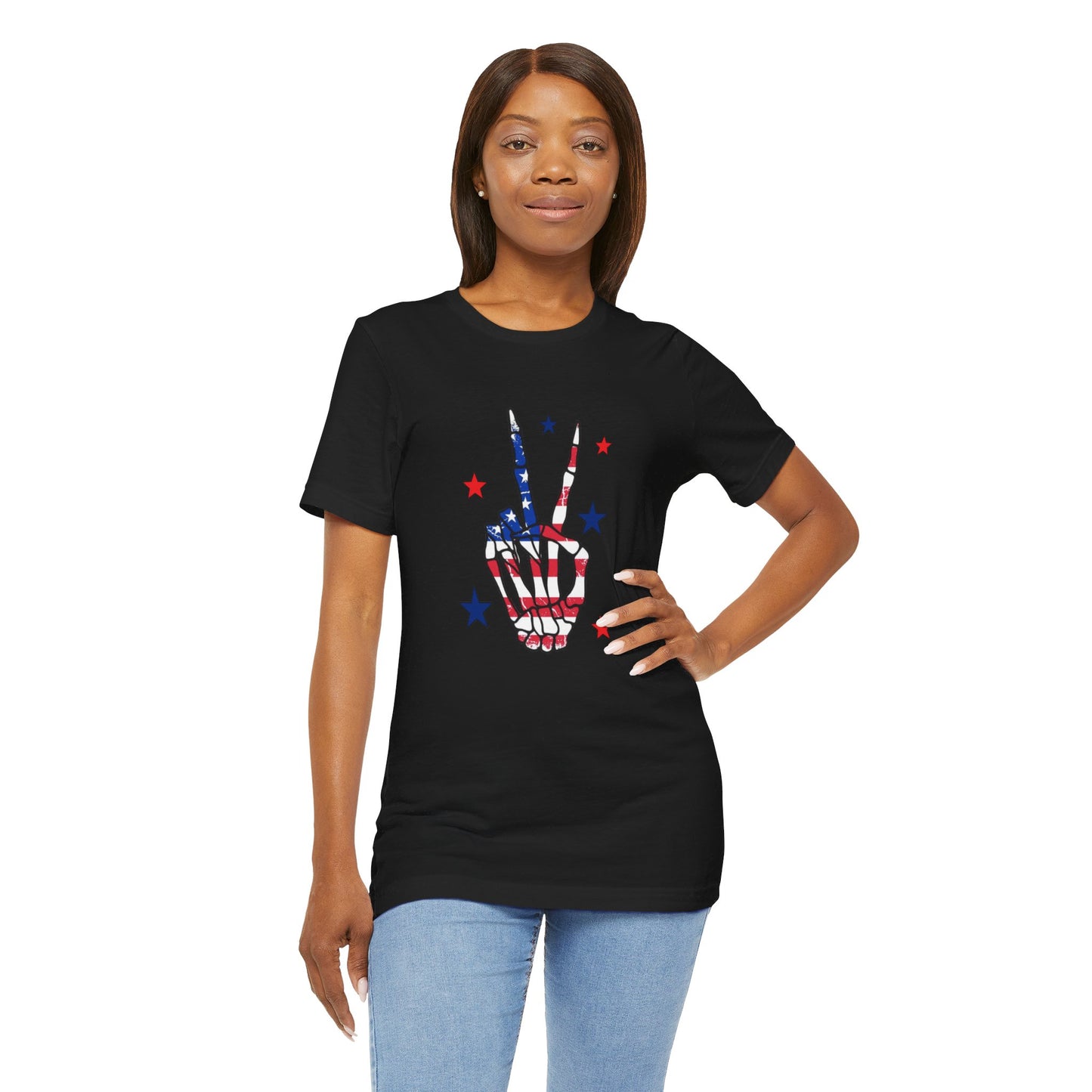 Patriotic Skeleton Peace Hand Unisex Jersey Short Sleeve Tee