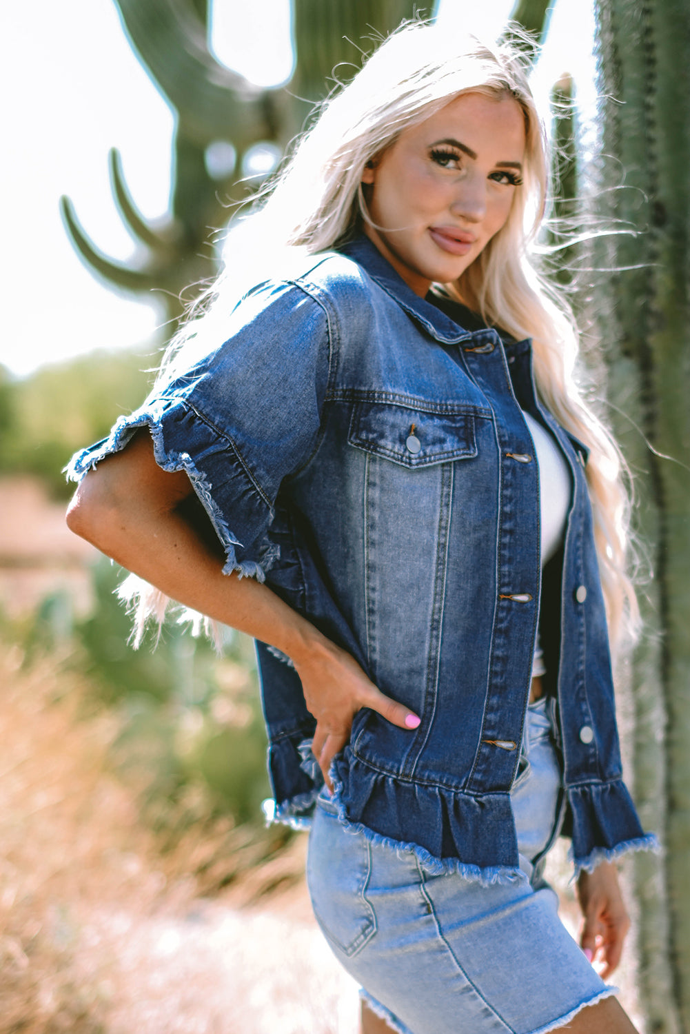 Raw Edge Ruffled Short Sleeve Denim Jacket