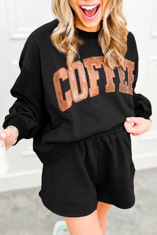 Sequined COFFEE Loose Fit Sweatshirt and Shorts Set