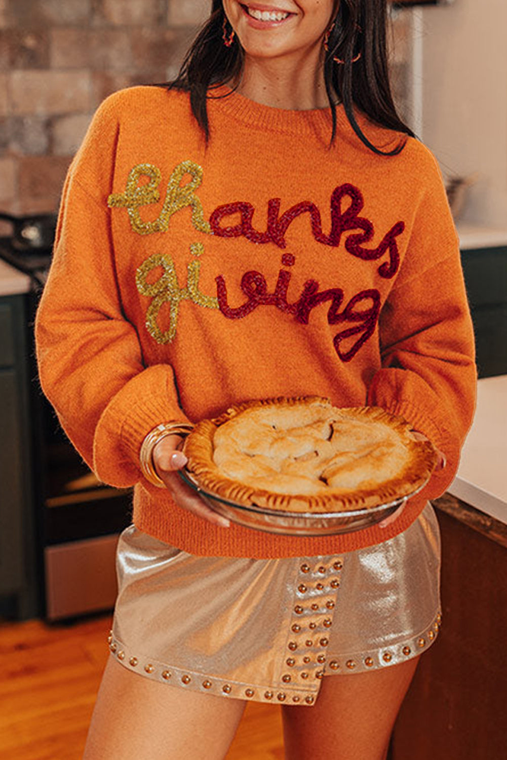 Thanksgiving Tinsel Drop Shoulder Crew Neck Sweater