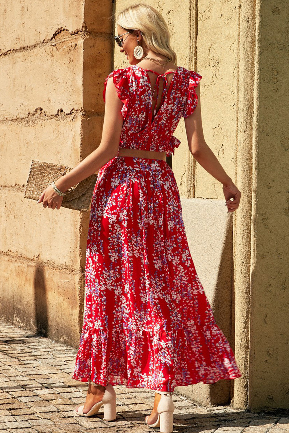 White Floral Ruffled Crop Top and Maxi Skirt Set