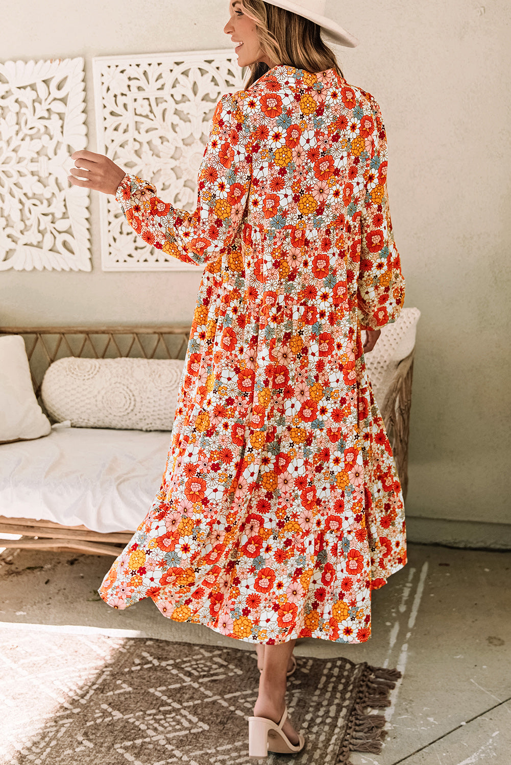 Yellow Boho Floral Collared Long Sleeve Ruffled Dress