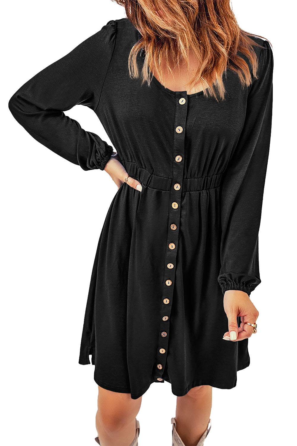 Green Button Up High Waist Long Sleeve Dress