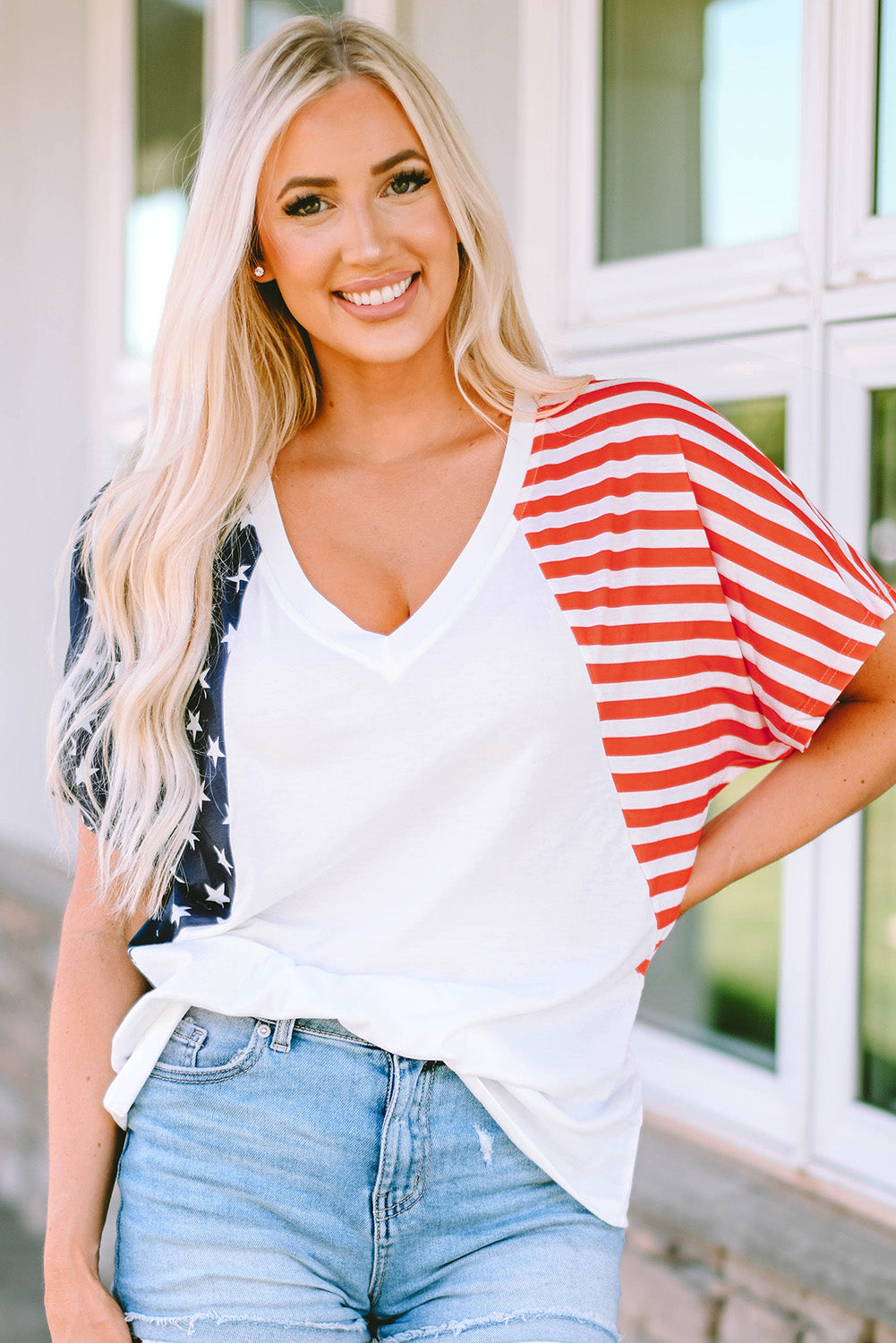 USA Stars and Stripes V Neck Tee