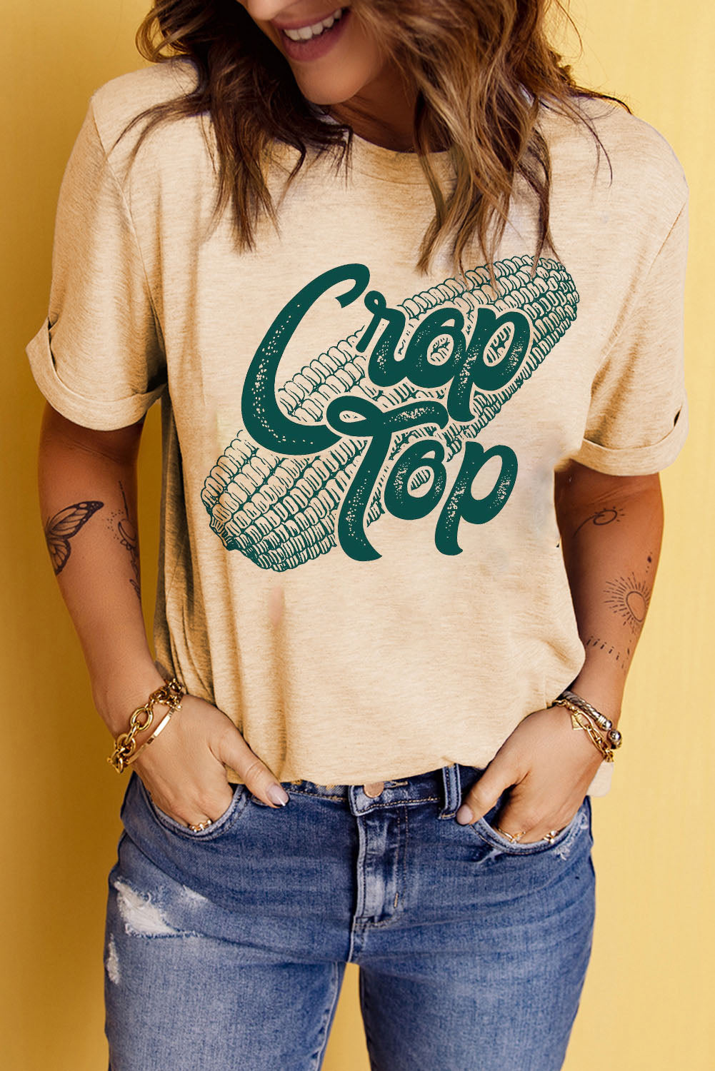 Khaki Corn Crop Top Graphic Tee