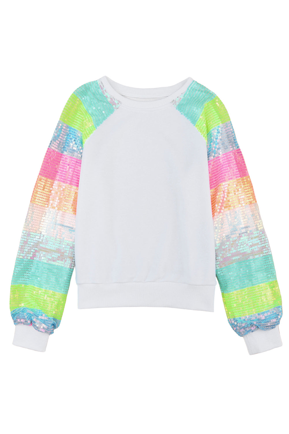 White Sequin Color Block Raglan Sleeve Pullover Sweatshirt