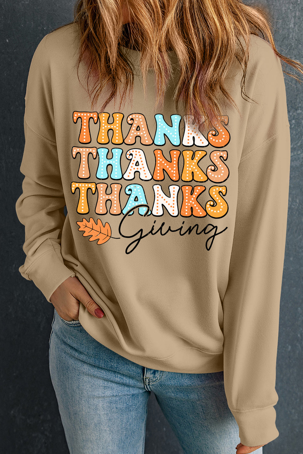 THANKS giving Leaves Printed Drop Shoulder Sweatshirt