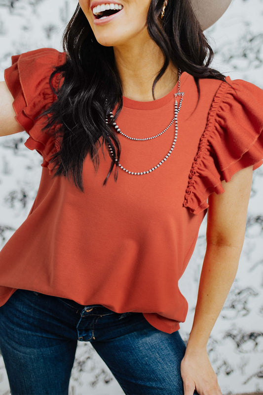 Orange Tiered Ruffled Sleeve Crew Neck T Shirt