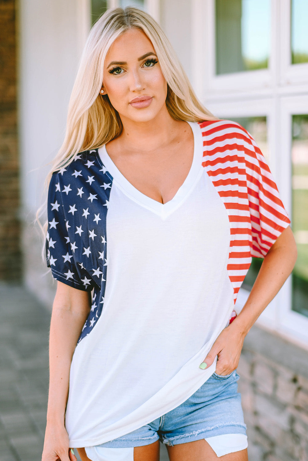 USA Stars and Stripes V Neck Tee