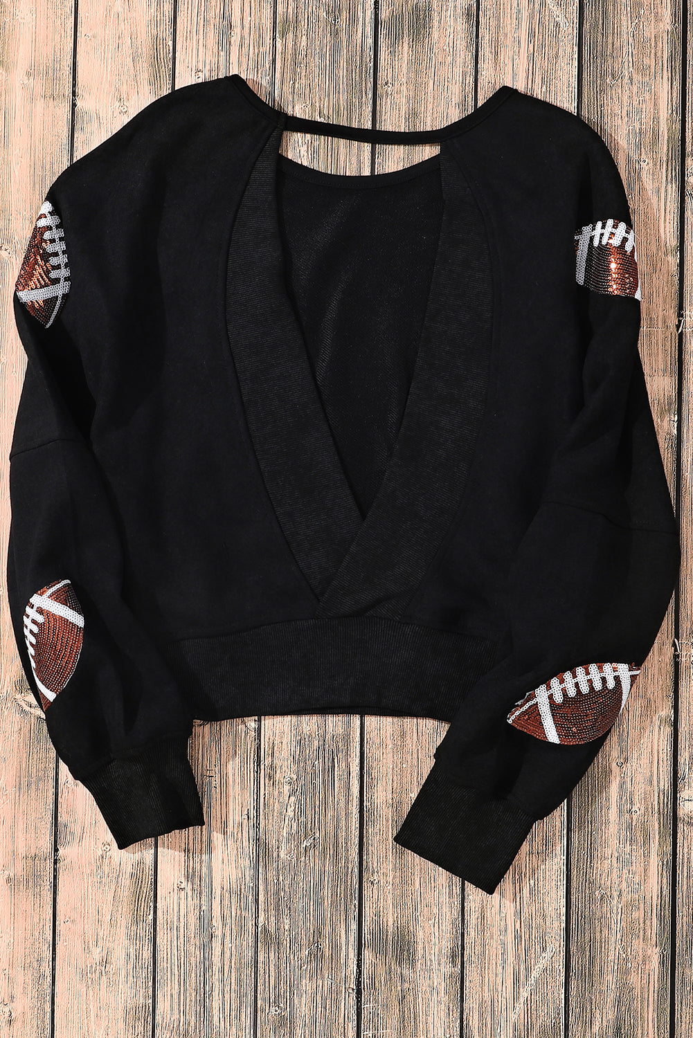 Black Sequined Football Graphic Open Back Sweatshirt