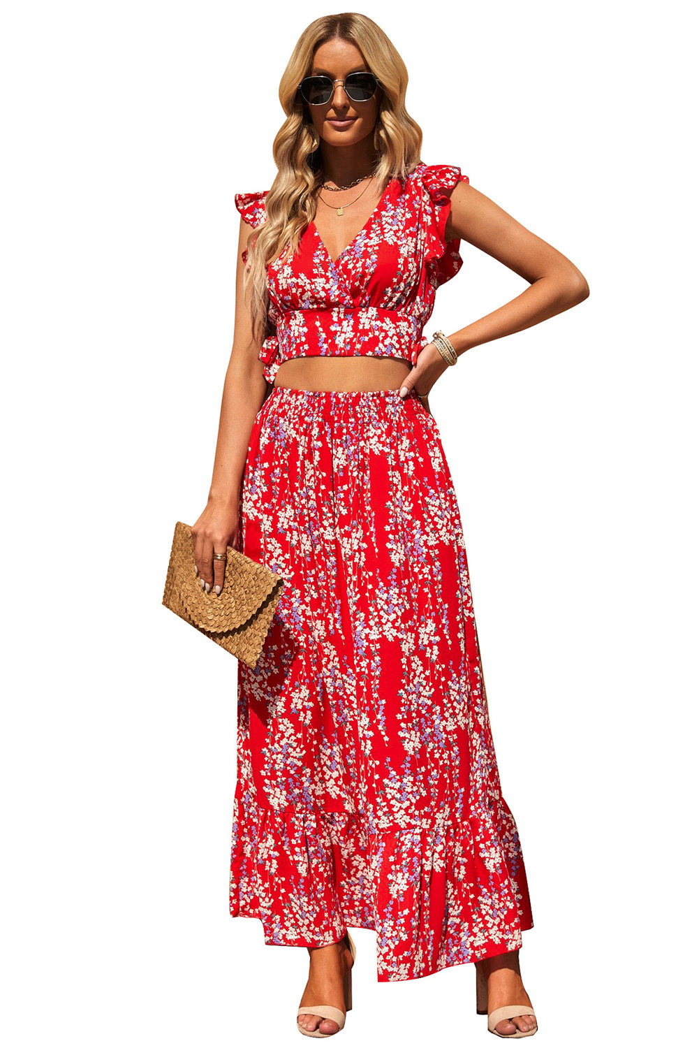 White Floral Ruffled Crop Top and Maxi Skirt Set