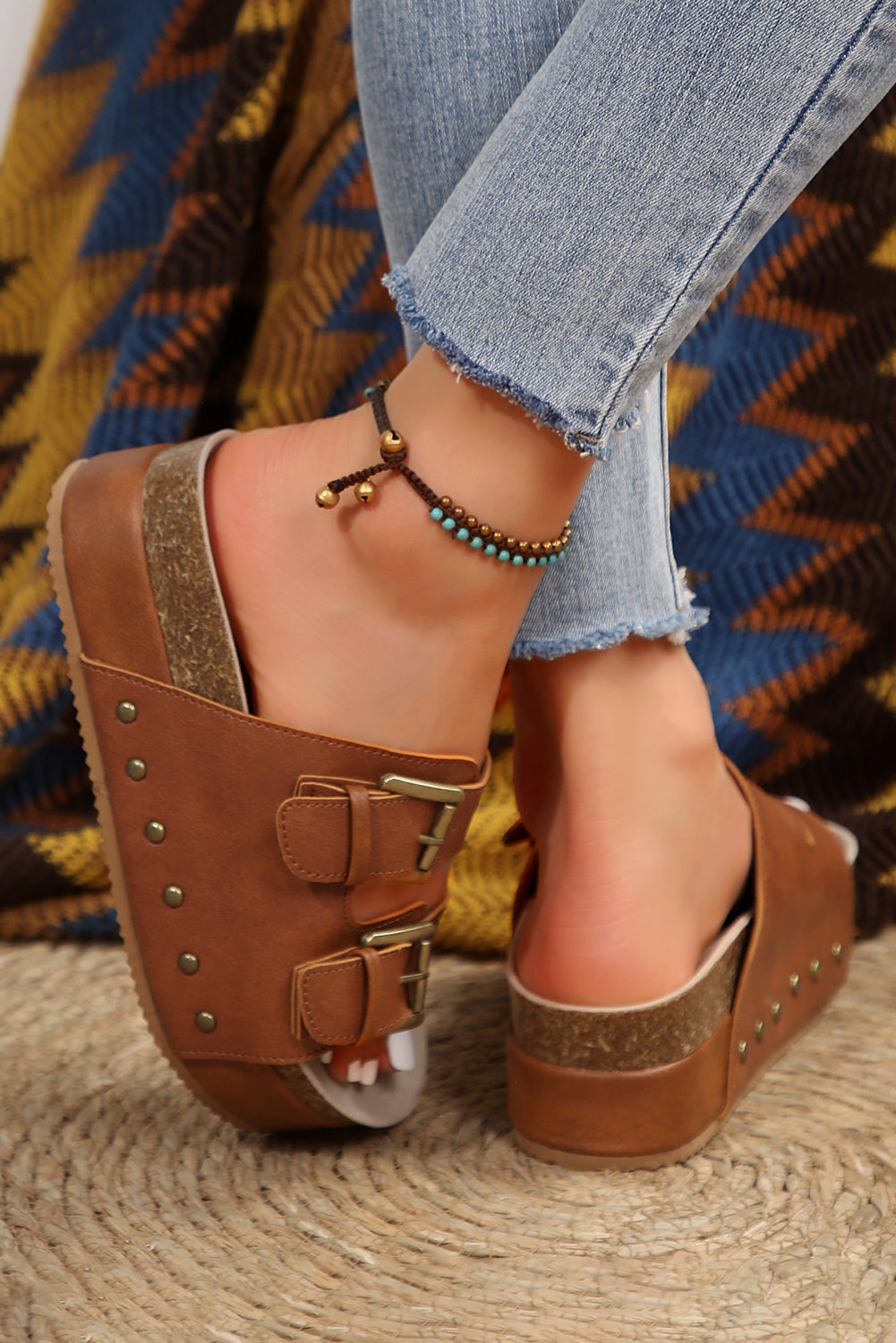 Chestnut Dual Buckle Studded Platform Sandals