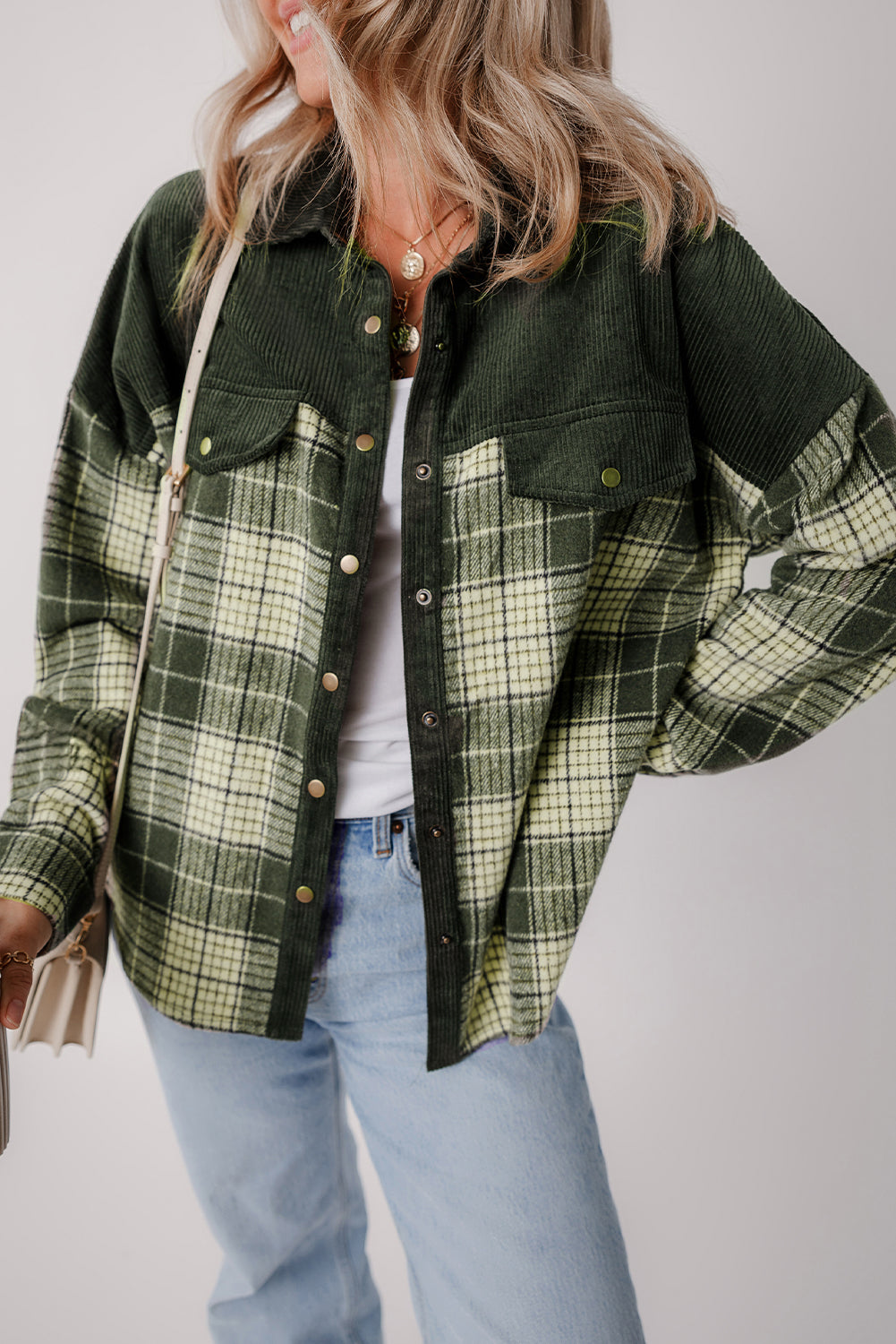 Blackish Green Snap Buttons Colorblock Plaid Shacket