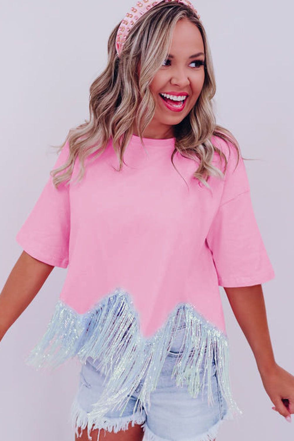 Moonlight Jade Fringed Sequin Crop T-shirt