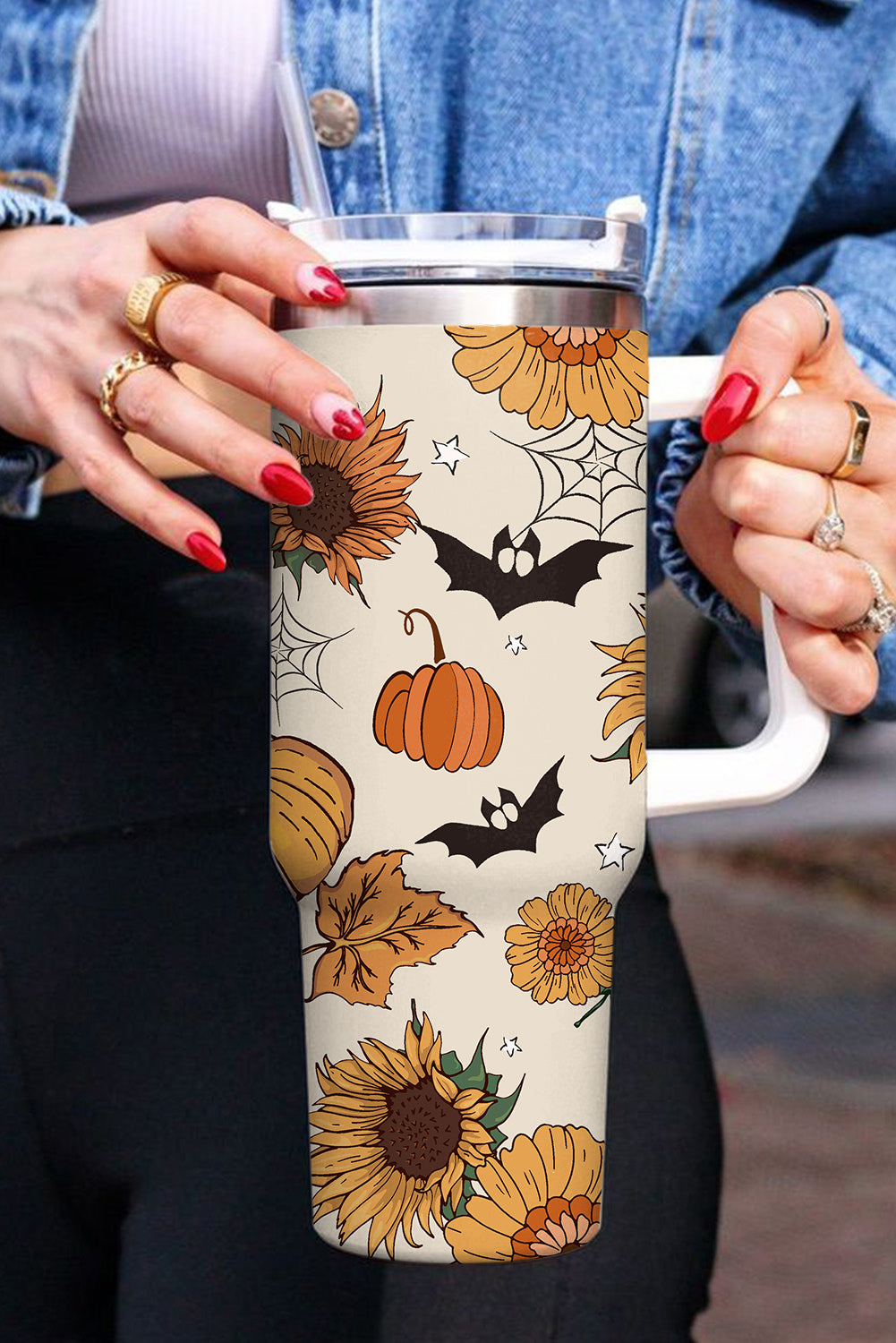 Halloween Pattern Print Handled Stainless Steel Vacuum Cup 40oz